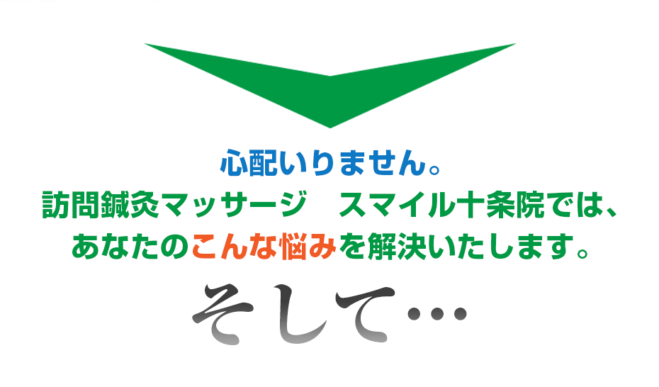 心配いりません。訪問鍼灸マッサージ  スマイル十条院  では、あなたのこんな悩みを解決いたします。そして・・・