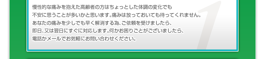 慢性的な痛みを抱えた高齢者の方はちょっとした体調の変化でも不安に思うことが多いかと思います。痛みは放っておいても待ってくれません。あなたの痛みを少しでも早く解消する為、ご依頼を受けましたら、即日、又は翌日にすぐにご対応します。電話やメールでお気軽にお問い合わせください。