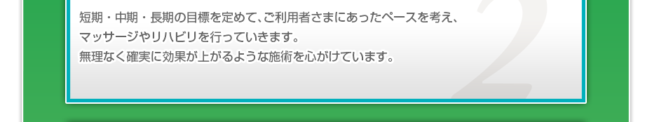 短期・中期・長期の目標を定めて、ご利用者さまにピッタリのペースを考え、マッサージやリハビリを行っていきます。無理なく確実に効果が上がるような施術を心がけています。